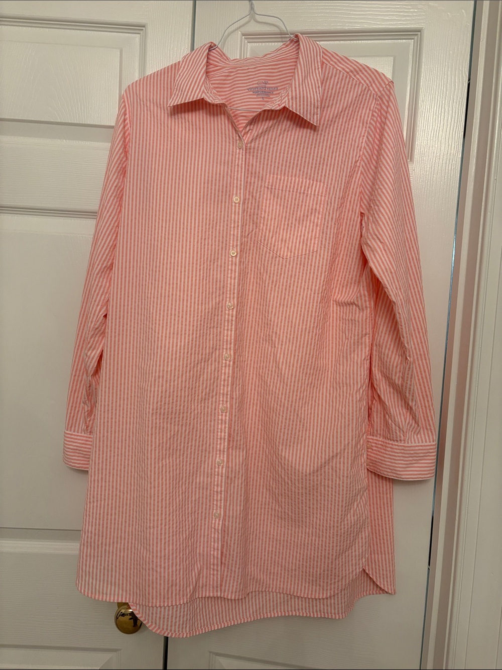 Vineyard Vines Coral and White Striped Seersucker Performance Button-Up Cover Up